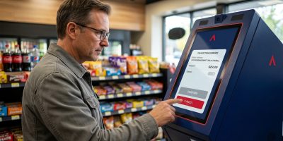 A customer pauses at a Bitcoin ATM screen before pressing Confirm — illustrating how America Bitcoin ATM's Hold and Release program protects new customers.