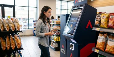 A first-time customer using a Bitcoin ATM kiosk with their phone — how to use a Bitcoin ATM step-by-step.